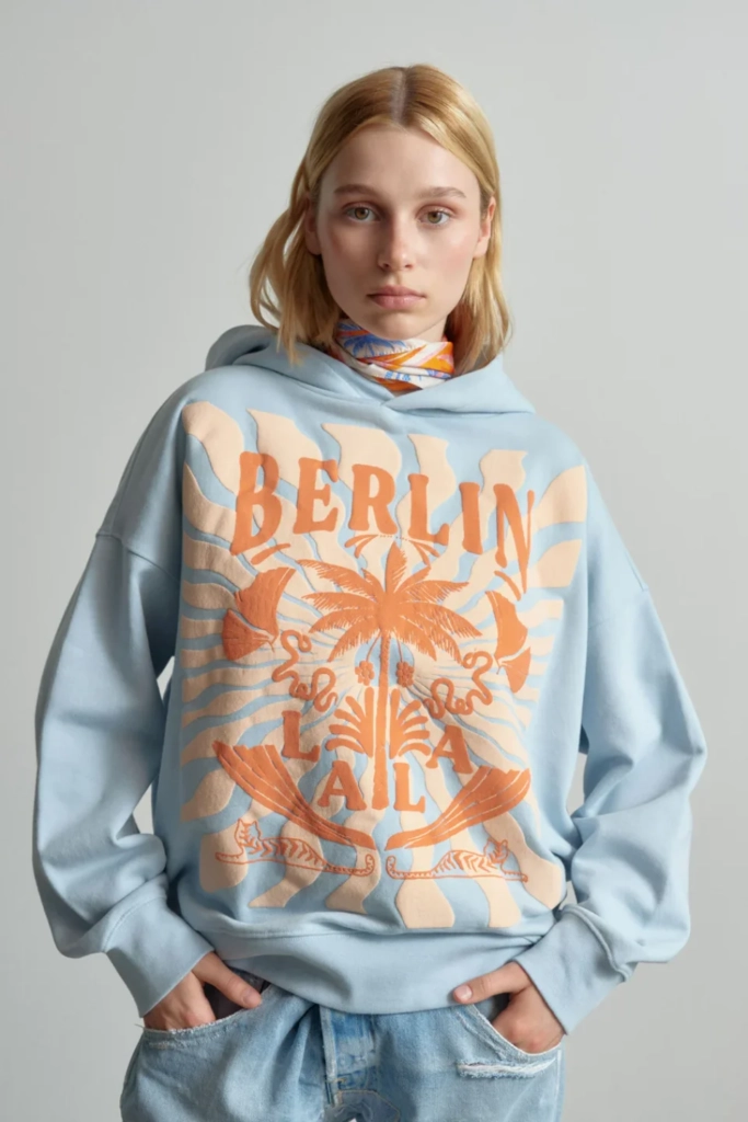 Lala Berlin Hoodie Irina cotton sunset palm light blue